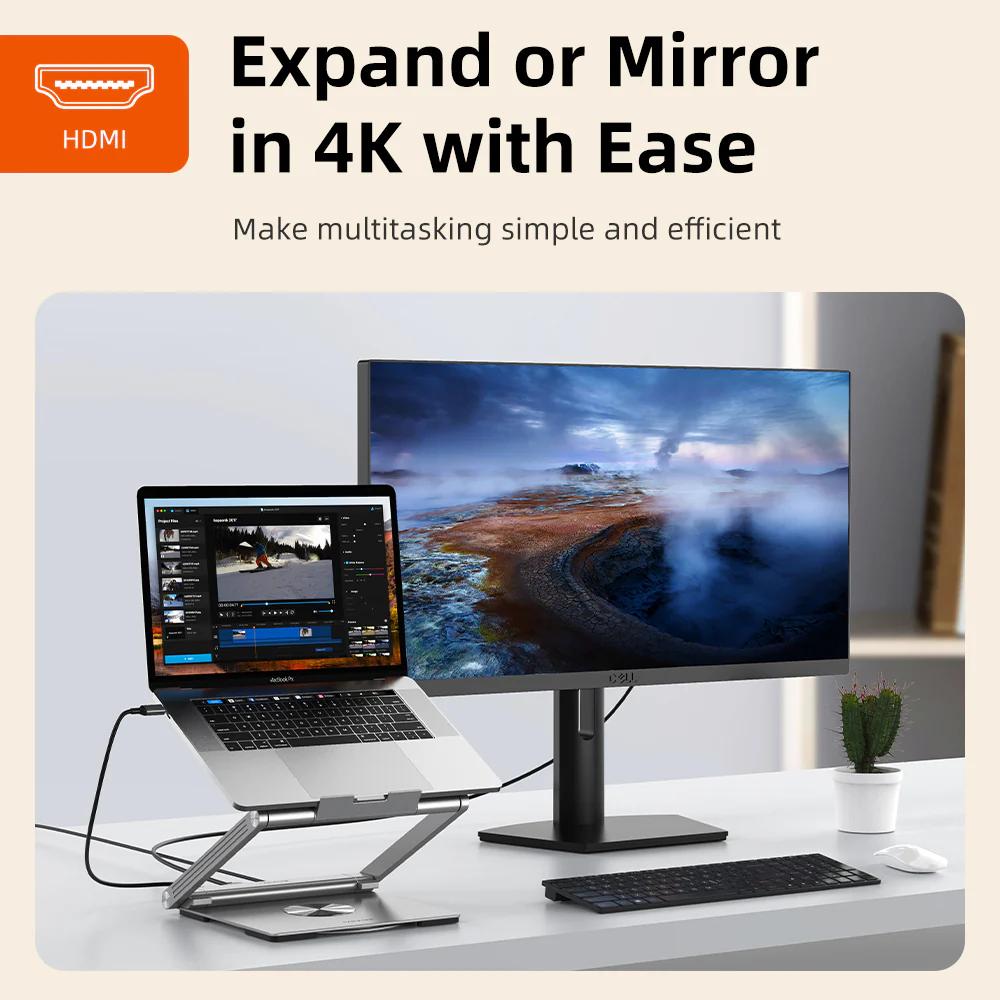 CABLETIME CS51S | Adjustable USB-C Laptop Docking Station Stand 6-in-1 | 4K HDMI, 100W PD, Gigabit Ethernet, 360° Rotation