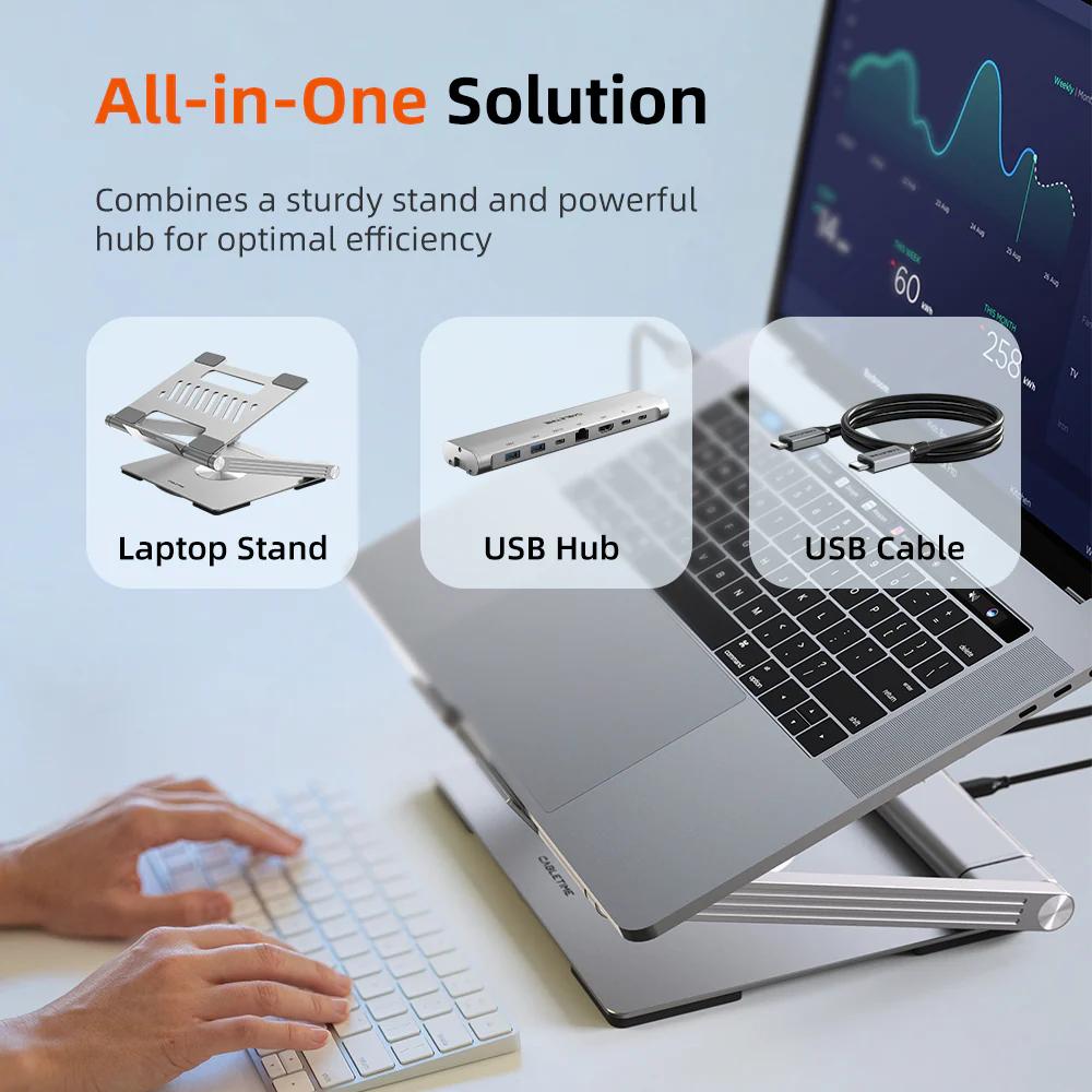 CABLETIME CS51S | Adjustable USB-C Laptop Docking Station Stand 6-in-1 | 4K HDMI, 100W PD, Gigabit Ethernet, 360° Rotation