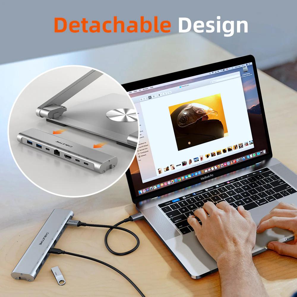CABLETIME CS51S | Adjustable USB-C Laptop Docking Station Stand 6-in-1 | 4K HDMI, 100W PD, Gigabit Ethernet, 360° Rotation