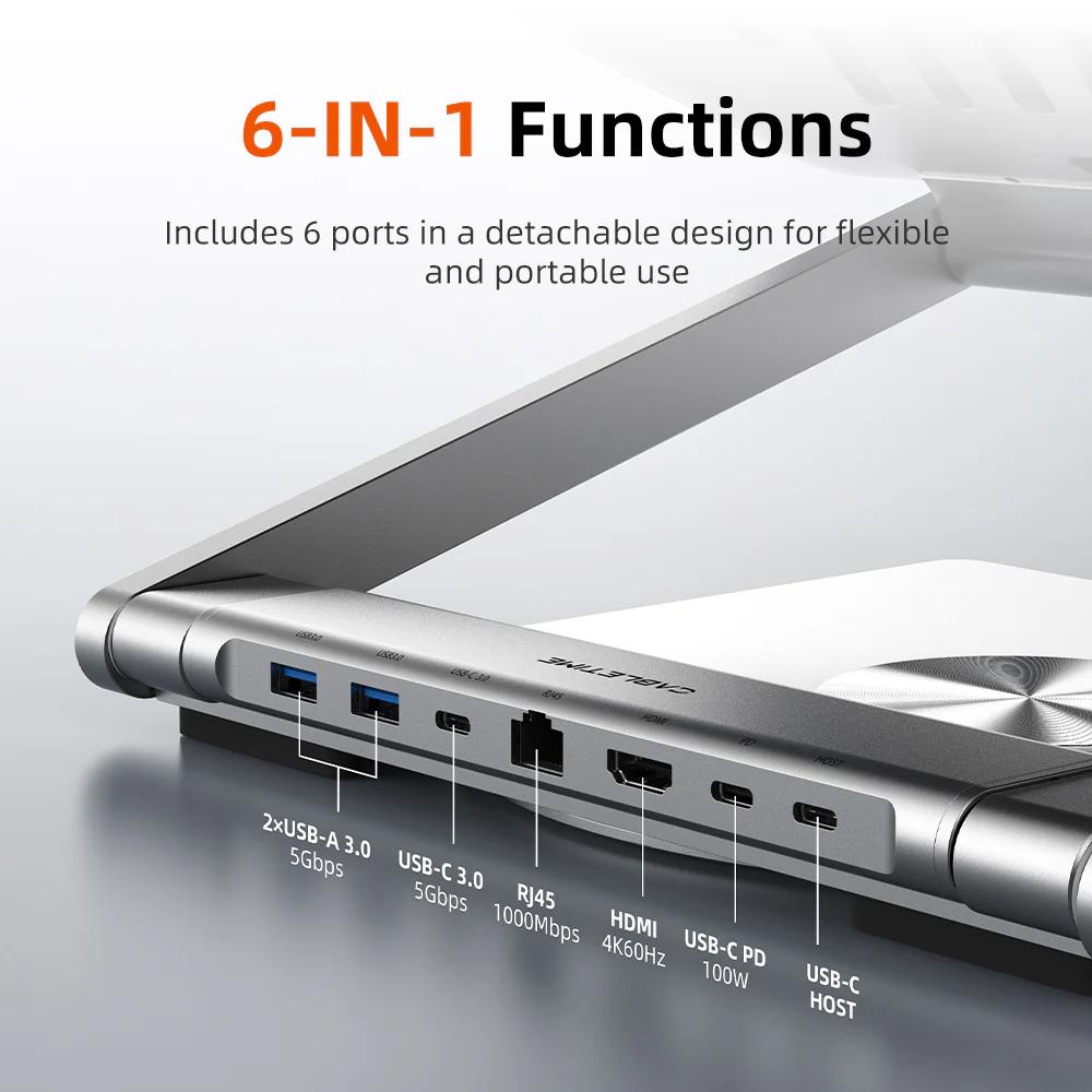 CABLETIME CS51S | Adjustable USB-C Laptop Docking Station Stand 6-in-1 | 4K HDMI, 100W PD, Gigabit Ethernet, 360° Rotation