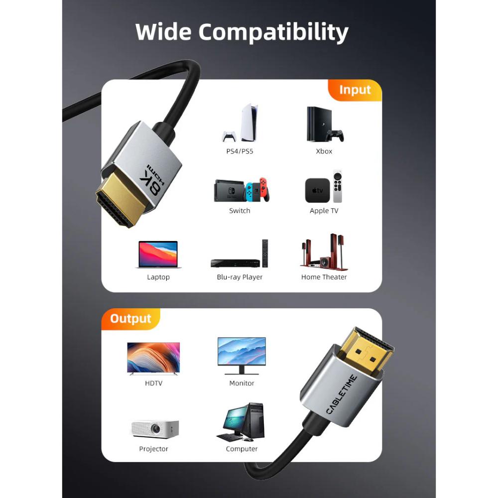 CABLETIME CH14H Ultra Slim HDMI 2.1 Cable | 8K 60Hz / 4K 120Hz | 48Gbps | eARC & Dolby Atmos