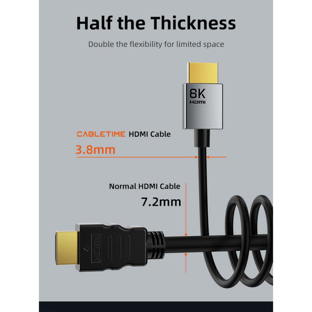 CABLETIME CH14H Ultra Slim HDMI 2.1 Cable | 8K 60Hz / 4K 120Hz | 48Gbps | eARC & Dolby Atmos