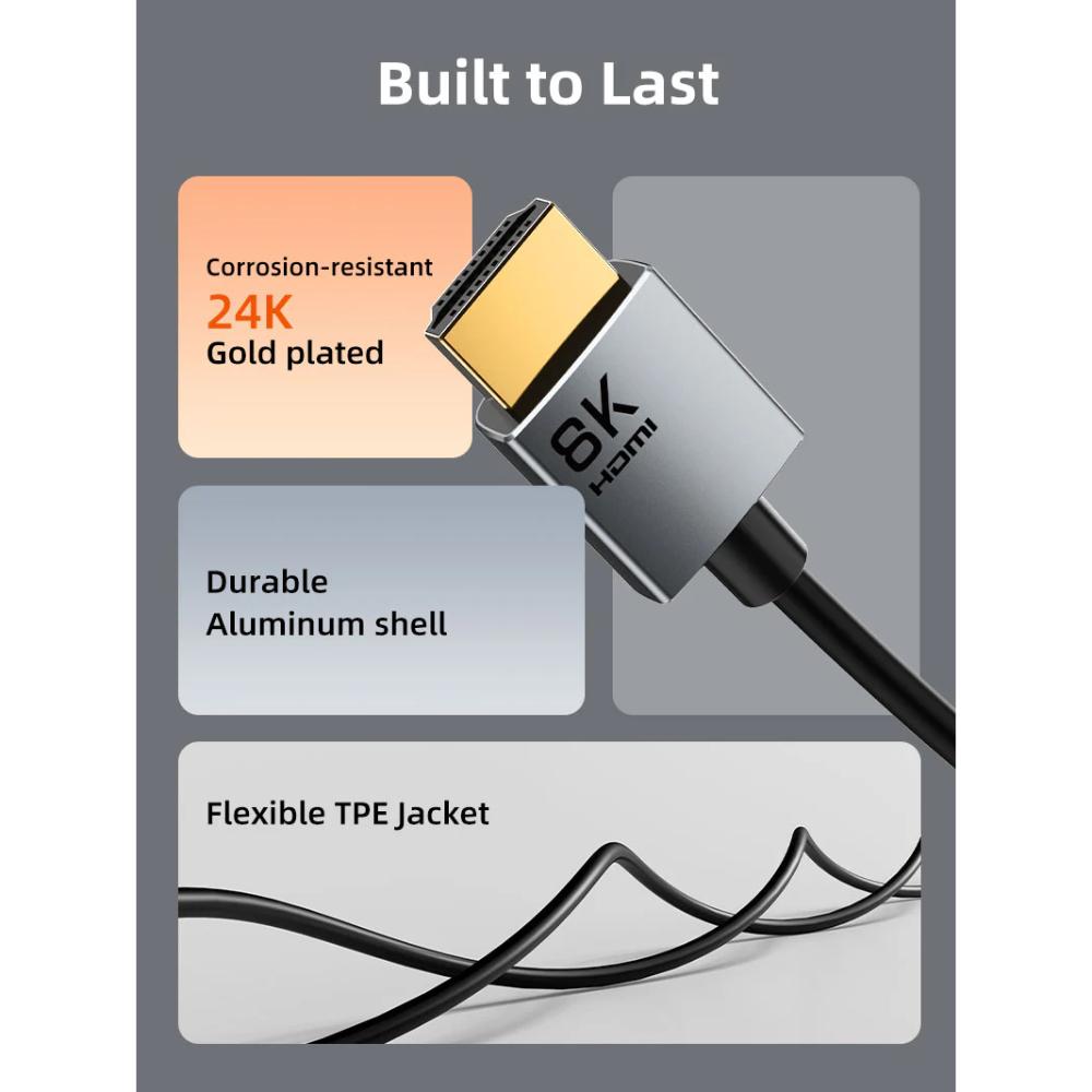 CABLETIME CH14H Ultra Slim HDMI 2.1 Cable | 8K 60Hz / 4K 120Hz | 48Gbps | eARC & Dolby Atmos