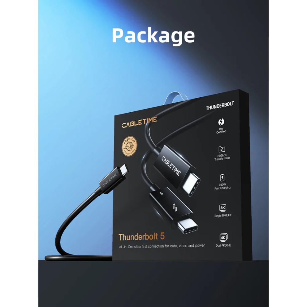 CABLETIME CT50G Thunderbolt 5 Cable (Intel Certified) | 120Gbps Ultra-Speed | 240W Power Delivery | 8K Display Support