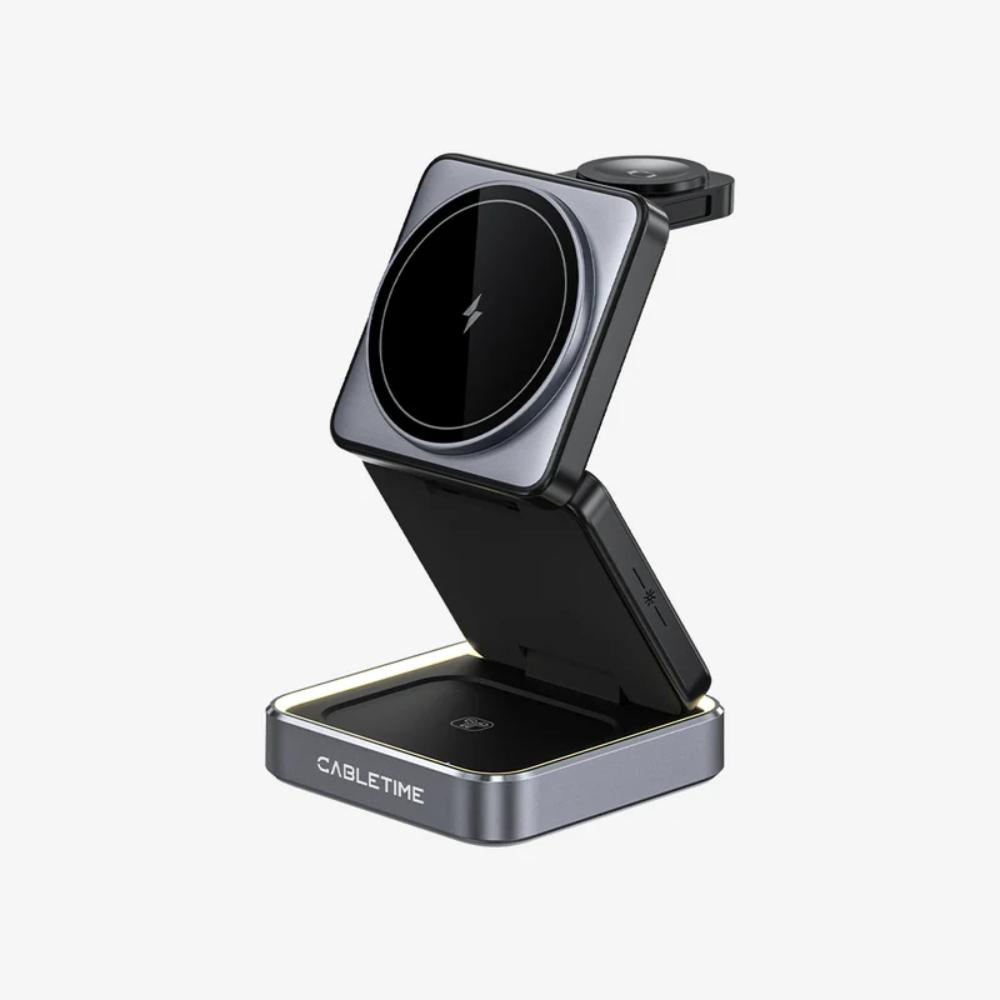 CABLETIME CE12B | 3-in-1 Foldable Magnetic Wireless Charger Stand for iPhone, Apple Watch & AirPods (15W Fast Charging, Adjustable Tilt, LED Light)