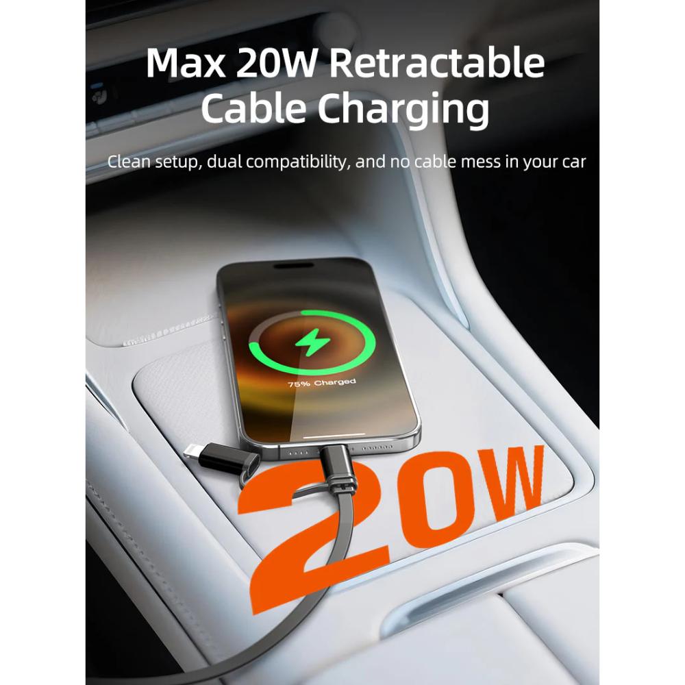 CABLETIME CE13B 2-in-1 Magnetic Car Wireless Charger with Retractable Cable