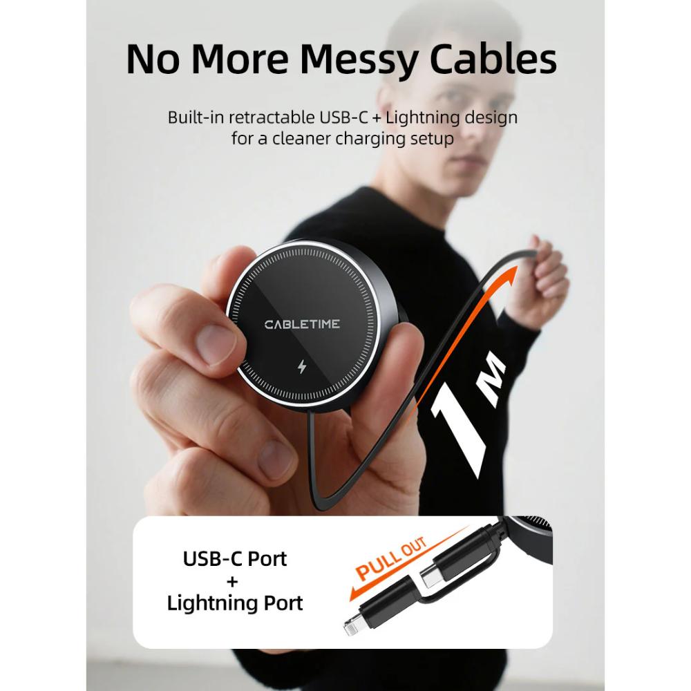 CABLETIME CE13B 2-in-1 Magnetic Car Wireless Charger with Retractable Cable