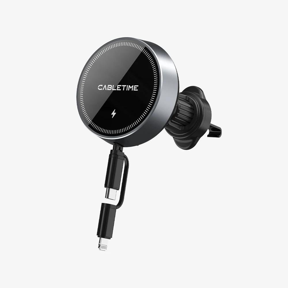CABLETIME CE13B 2-in-1 Magnetic Car Wireless Charger with Retractable Cable