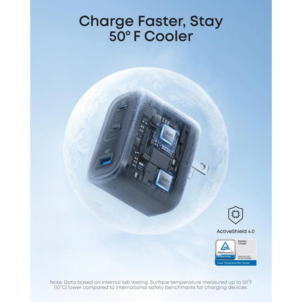A121A - Anker Nano Charger 70W (3 Ports) | Dual USB-C + USB-A GaN Fast Charger | Model B121A (BLACK)